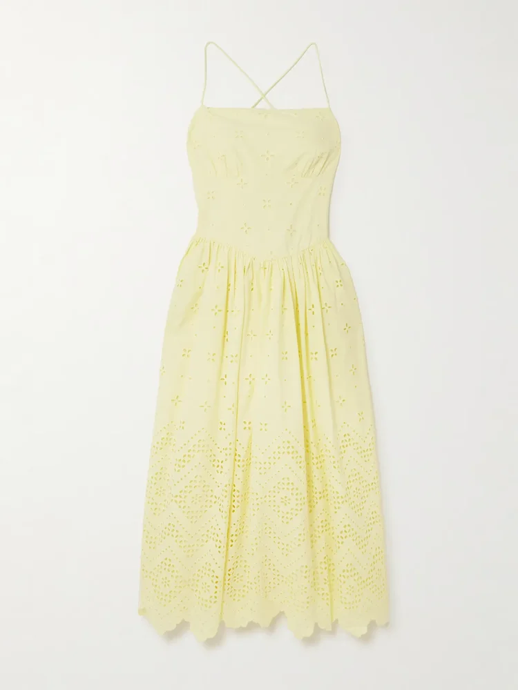 Self-Portrait Drawstring broderie anglaise cotton midi dress