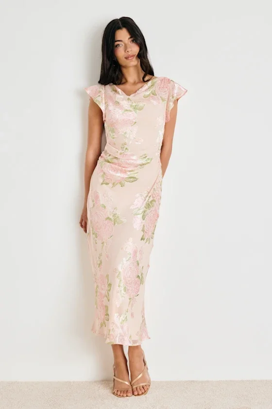 Johanna Blush Pink Floral Jacquard Midi Dress