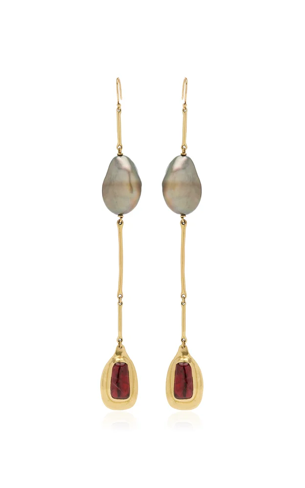 18k Green Gold Tahitian Pearl and Garnet Shoulder Suster Earring