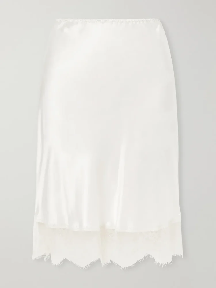 Lace-trimmed silk-satin midi skirt