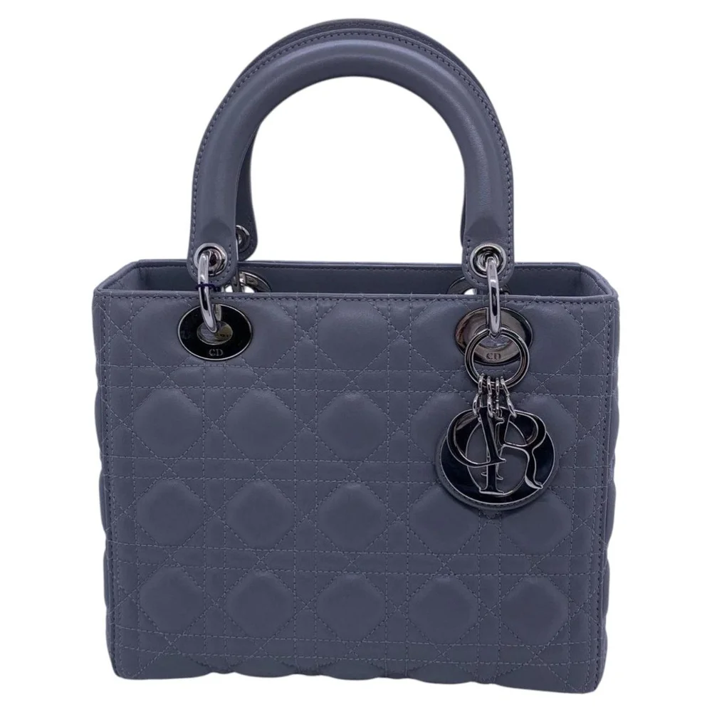 Pre-Owned Normal-Wear Gray Leather Medium Lady Dior Shoulder Bag