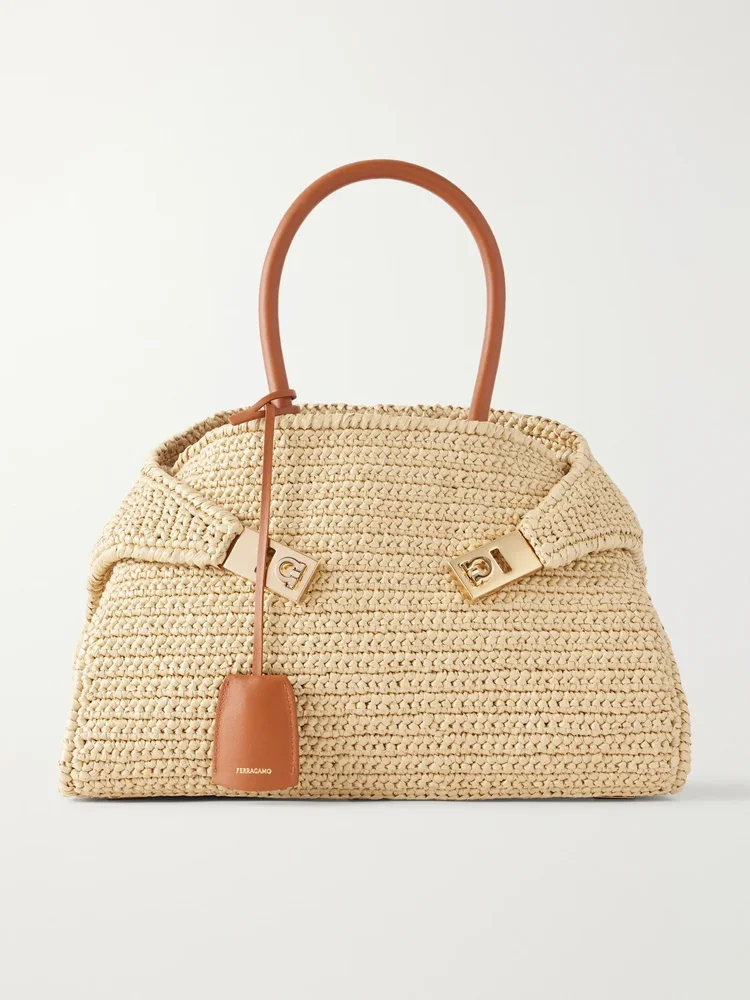 Hug leather-trimmed raffia top-handle bag