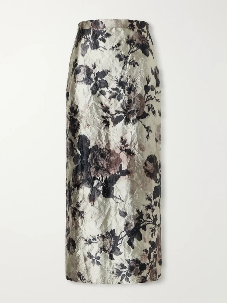floral print crinkle satin midi skirt