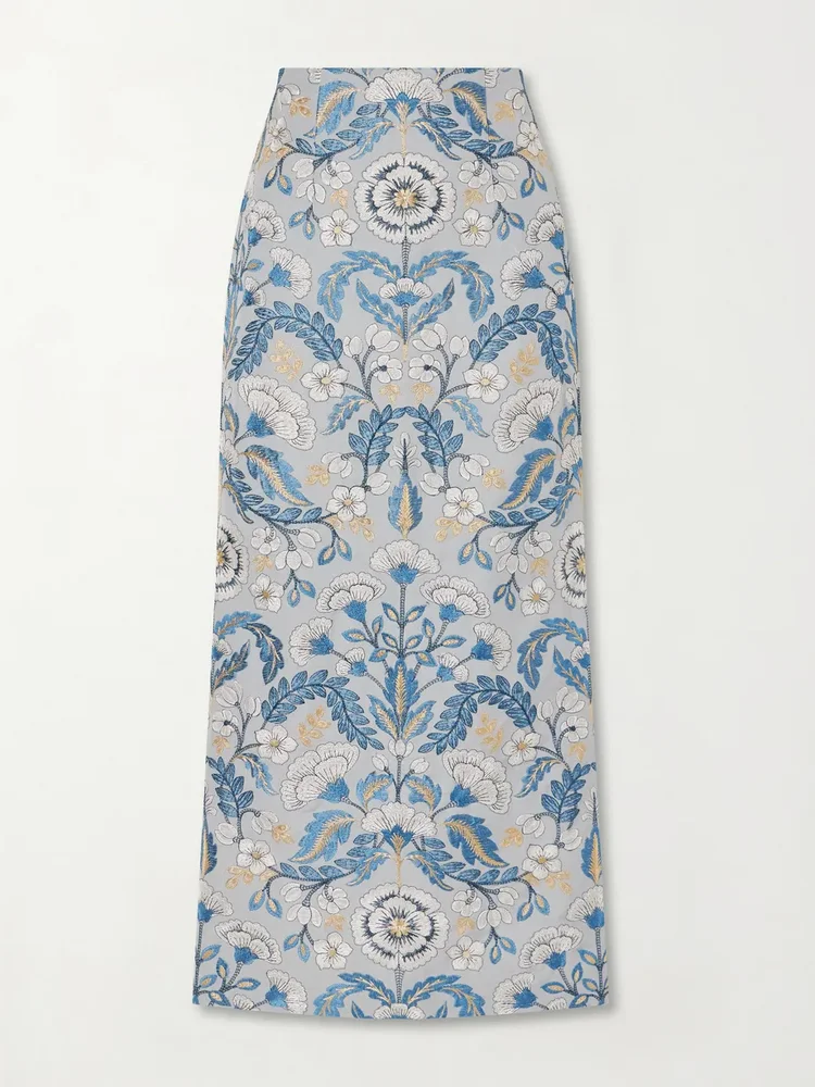 Embroidered woven midi skirt