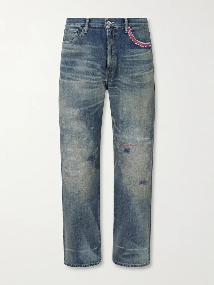 Savage Straight-Leg Bead-Embellished Distressed Jeans