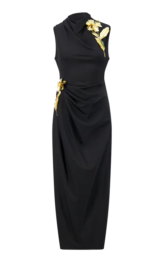 3D Metallic Embroidered Satin Jersey Column Dress