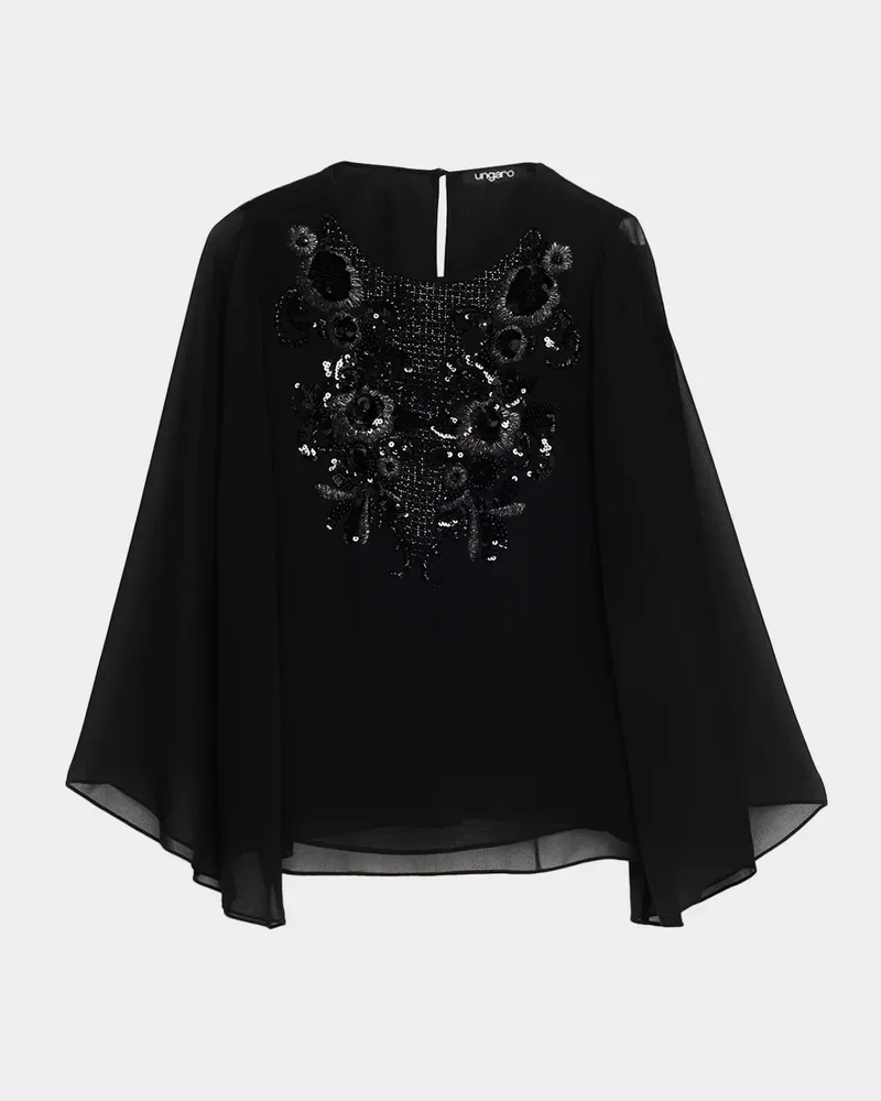 Nastasia Sheer-Sleeve Bead & Sequin Blouse