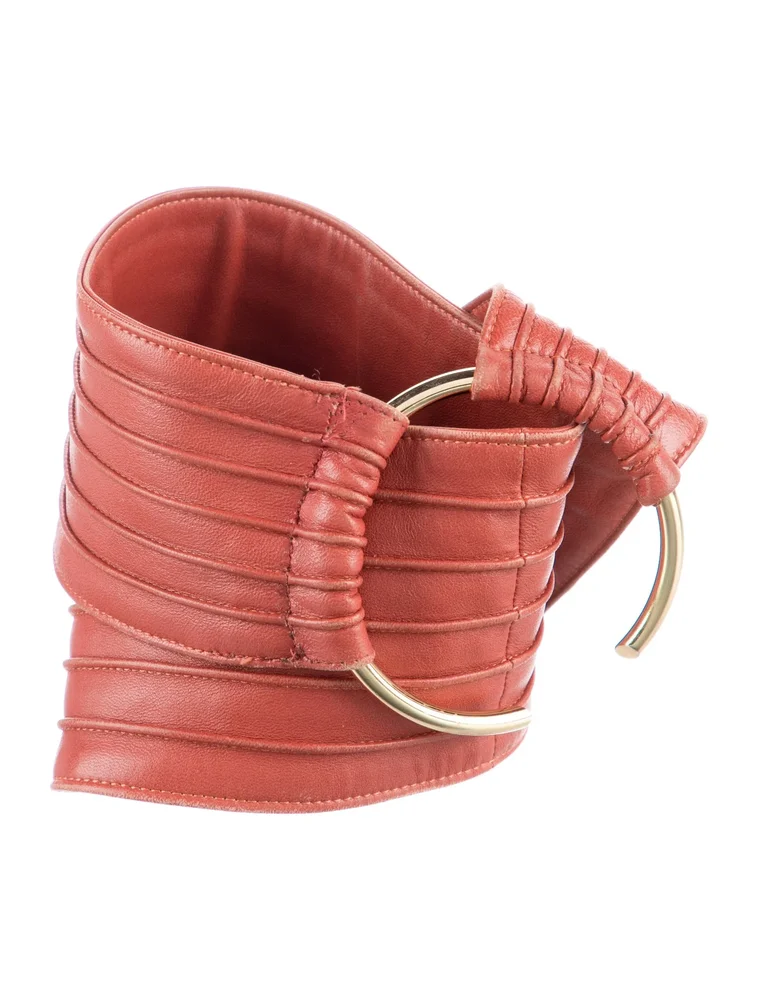 Wide Pleated Leather Waist Belt (Red)