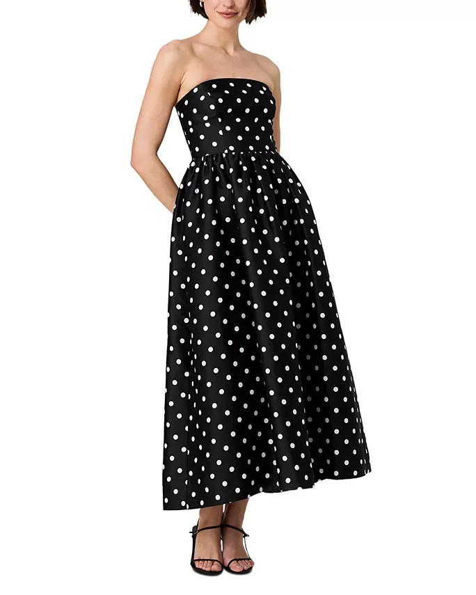 Aria Structured Taffeta Polka Dot Strapless Midi Dress