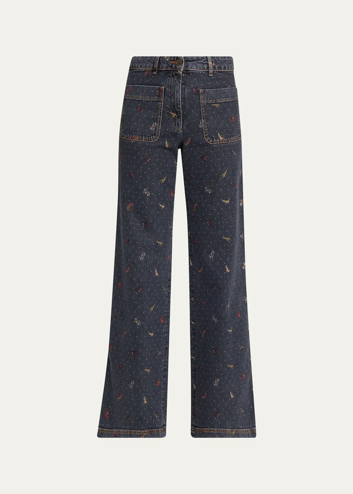 Patch Pocket Polka-Dot Denim Wide-Leg Jeans