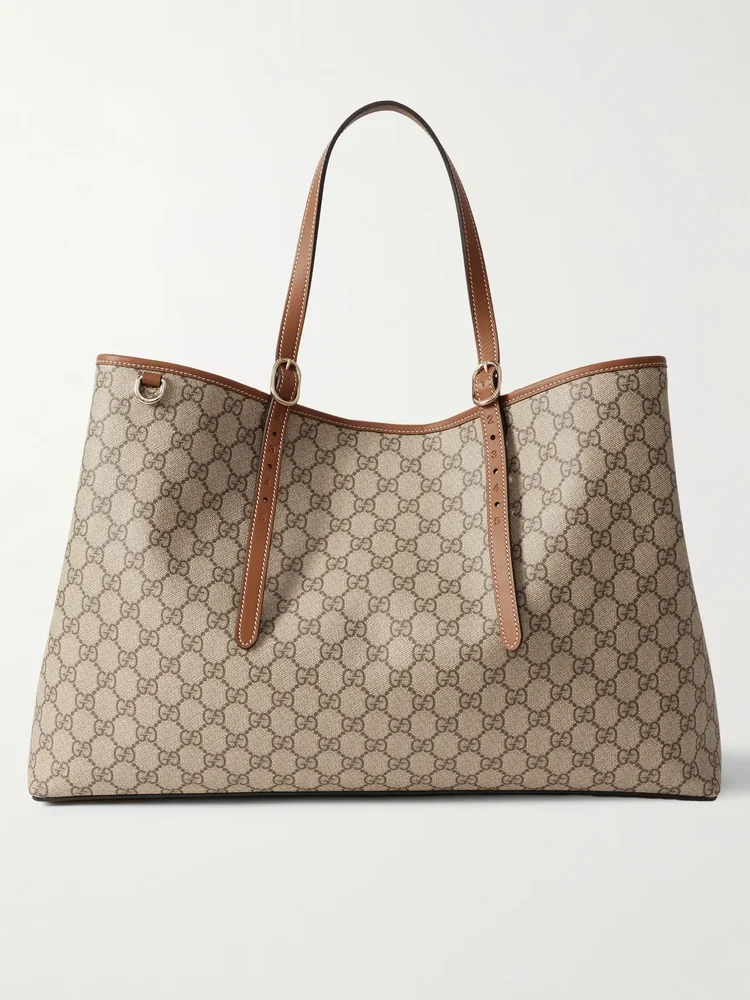 GG Emblem leather-trimmed coated canvas-jacquard tote