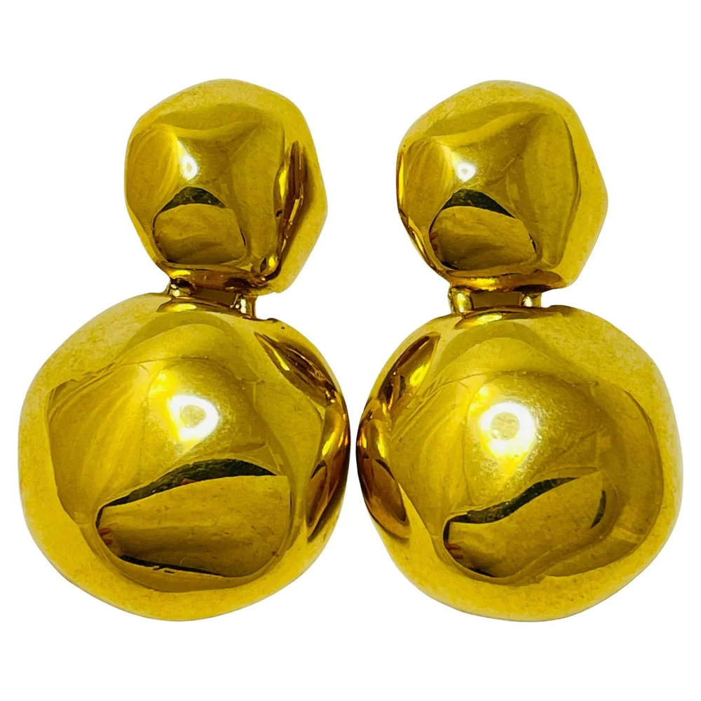 Anne Klein vintage gold tone modernist dangle designer clip on earrings