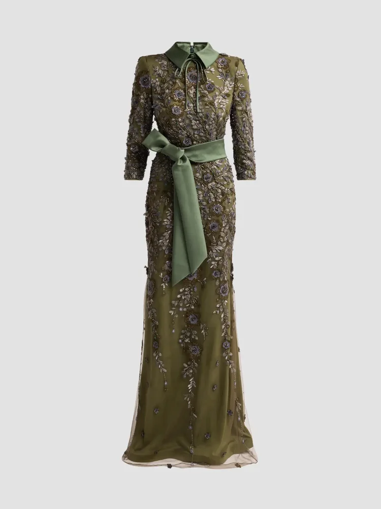 Embellished Sashed Shirtwaist Gown