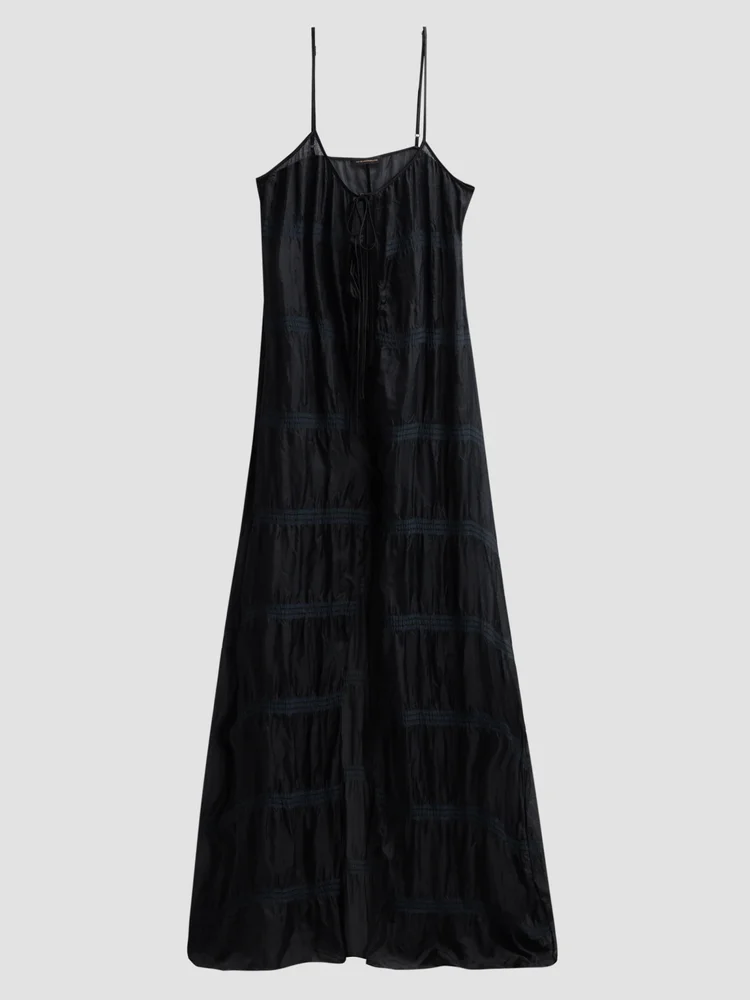 Smocked Silk Tie Maxi Gown