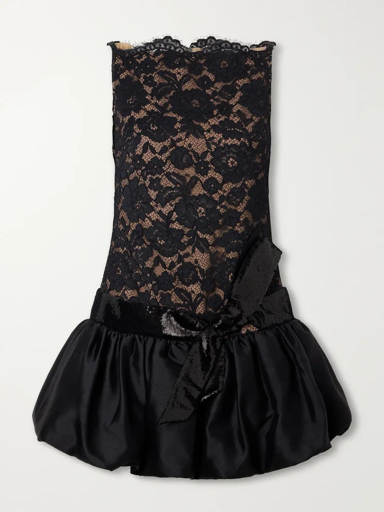 Sequined-trimmed satin and lace mini dress