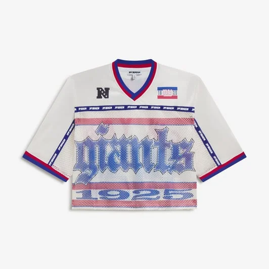 Women's Cream New York Giants Cropped Mesh V-Neck Top