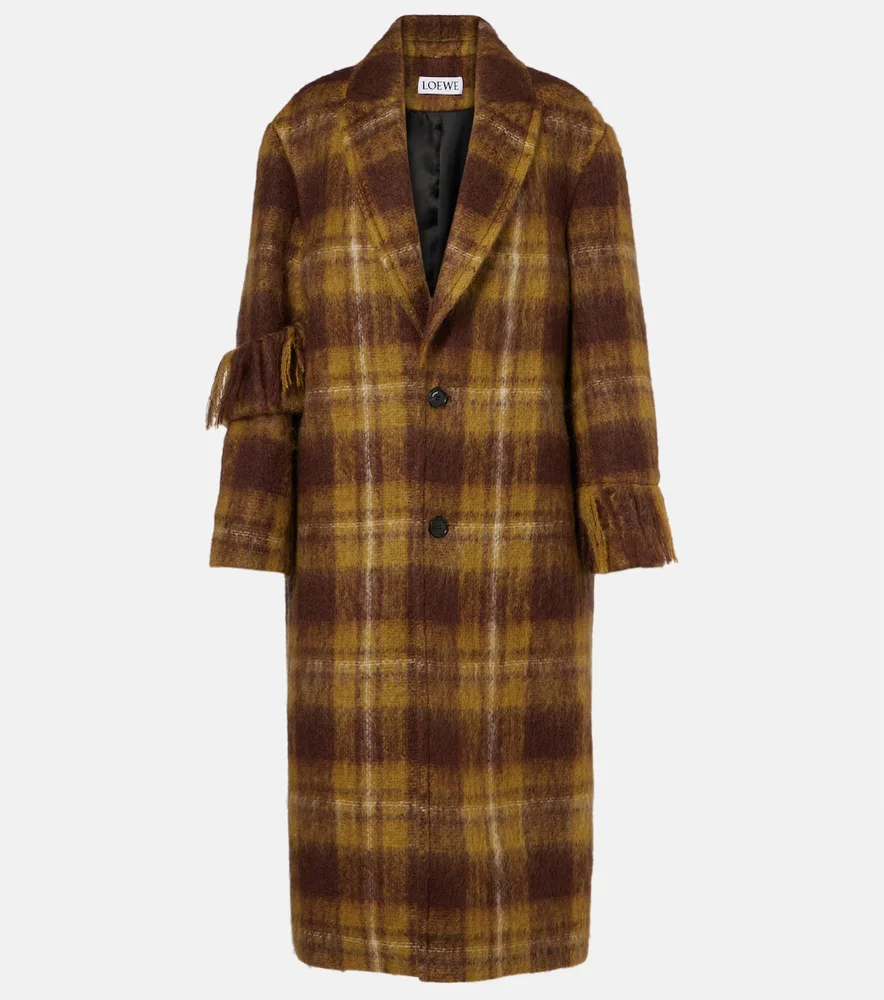 Checked fringed mohair and wool coat