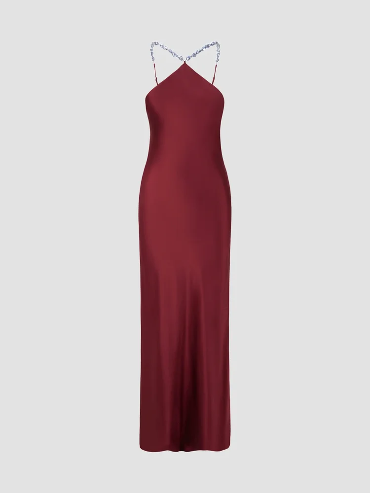Cadence Embellished-Strap Satin Halter Gown