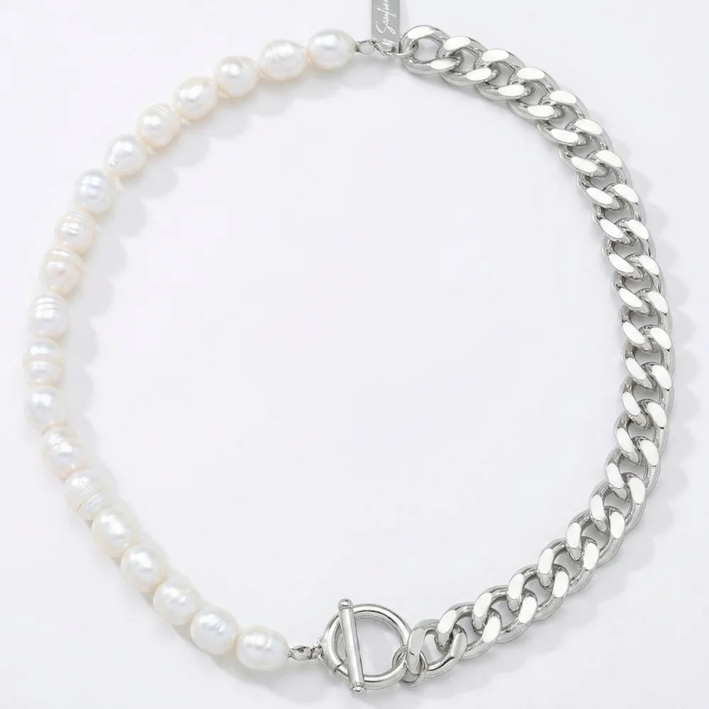 Fresh Water Pearl Half Curb Link Necklace 18" Toggle Clasp