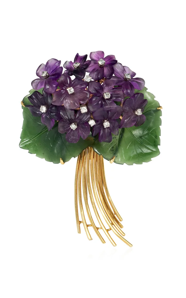 Retro Austrian Violet Posy 18K Yellow Gold, Quartz And Diamond Brooch