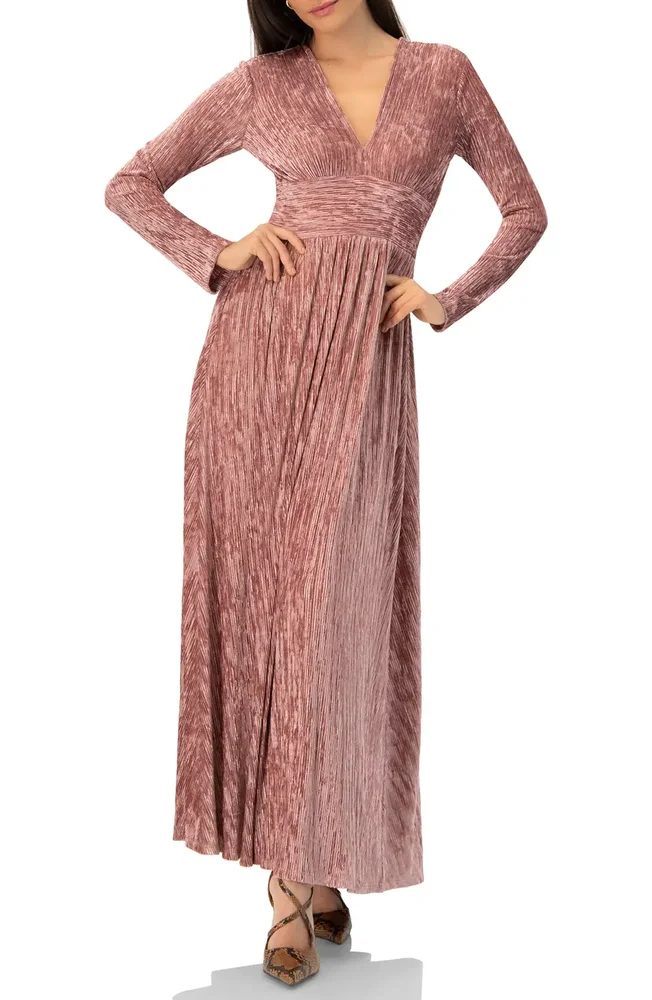 Long Velvet Pleated V-neck Dress