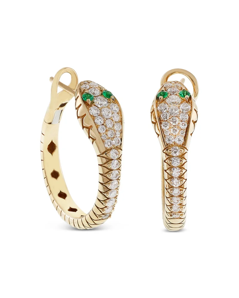 18K Yellow Gold Serpent Diamond & Emerald Snake Hoop Earrings