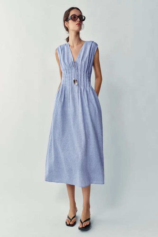 LINEN PINTUCK MIDI DRESS