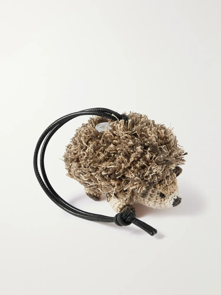 Hedgehog crocheted cotton and leather bag charm