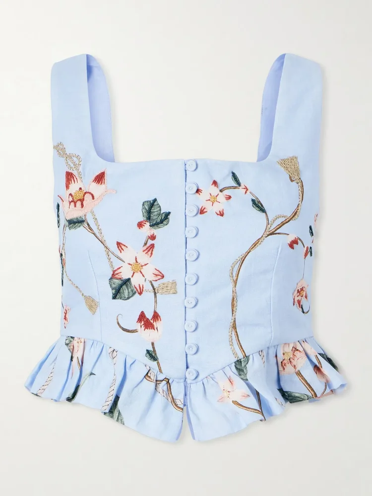 Eslabón Navegante floral-embroidered linen cropped top