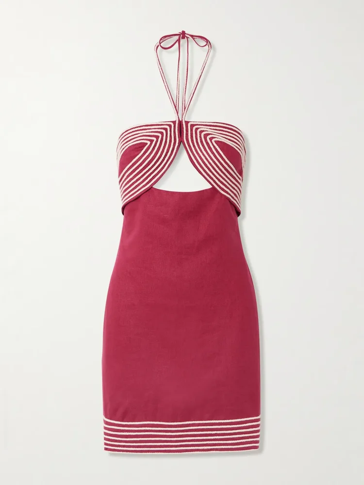 De Coco embroidered linen halterneck mini dress