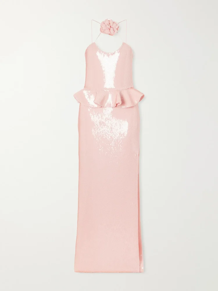 Floral-appliquéd ruffled sequined mesh halterneck gown