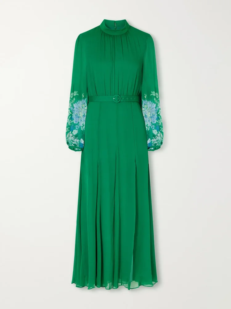 Jacqui D belted flower-printed silk-chiffon midi dress