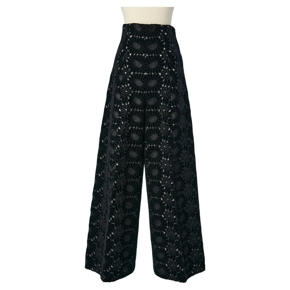 Black velvet flowers high-waisted trouser with wide legs Circa 1970's