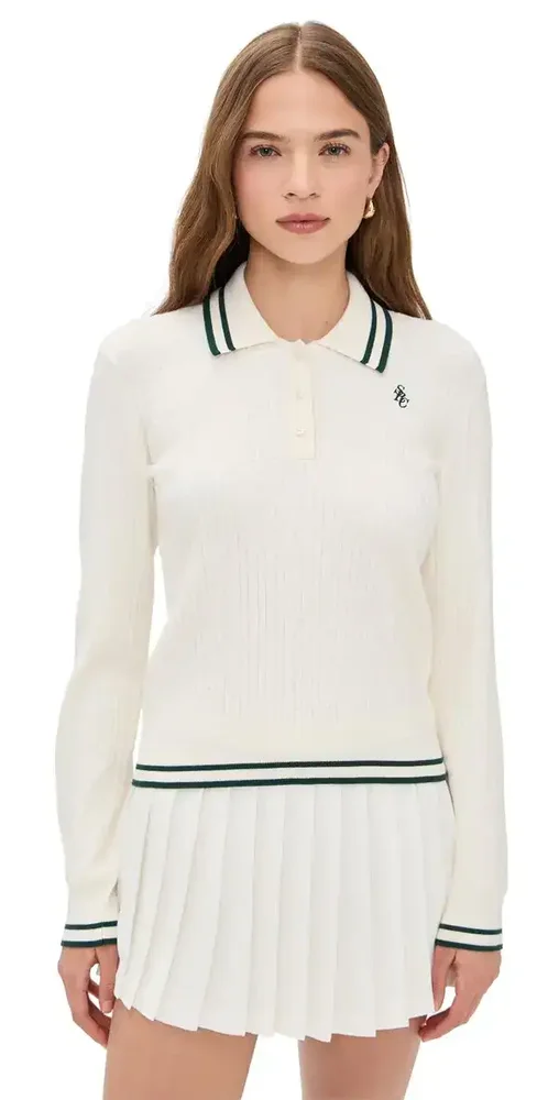 SPORTY & RICH src mini cable long sleeve polo - ecru/forest