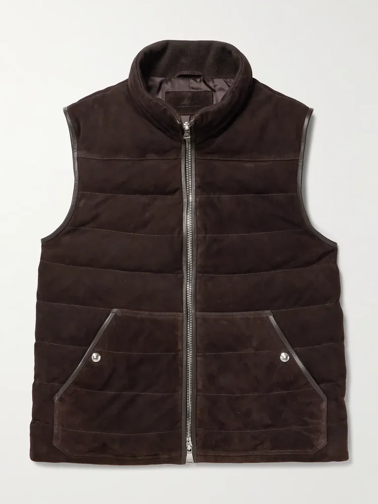 Leather-Trimmed Padded Quilted Suede Gilet