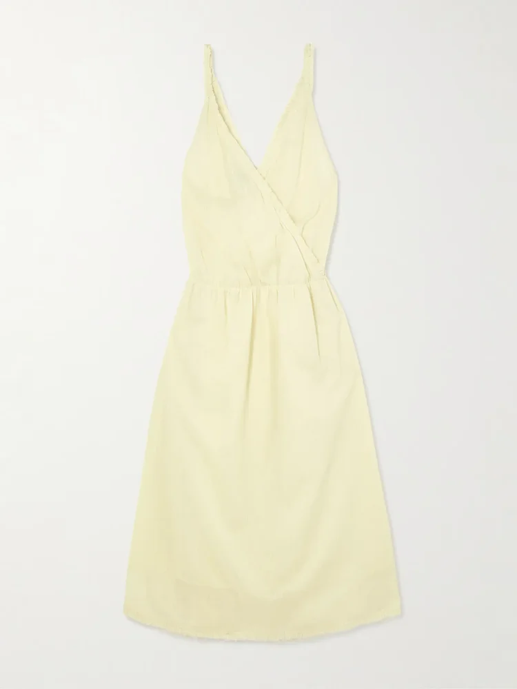 Crossed wrap-effect striped organic cotton midi dress