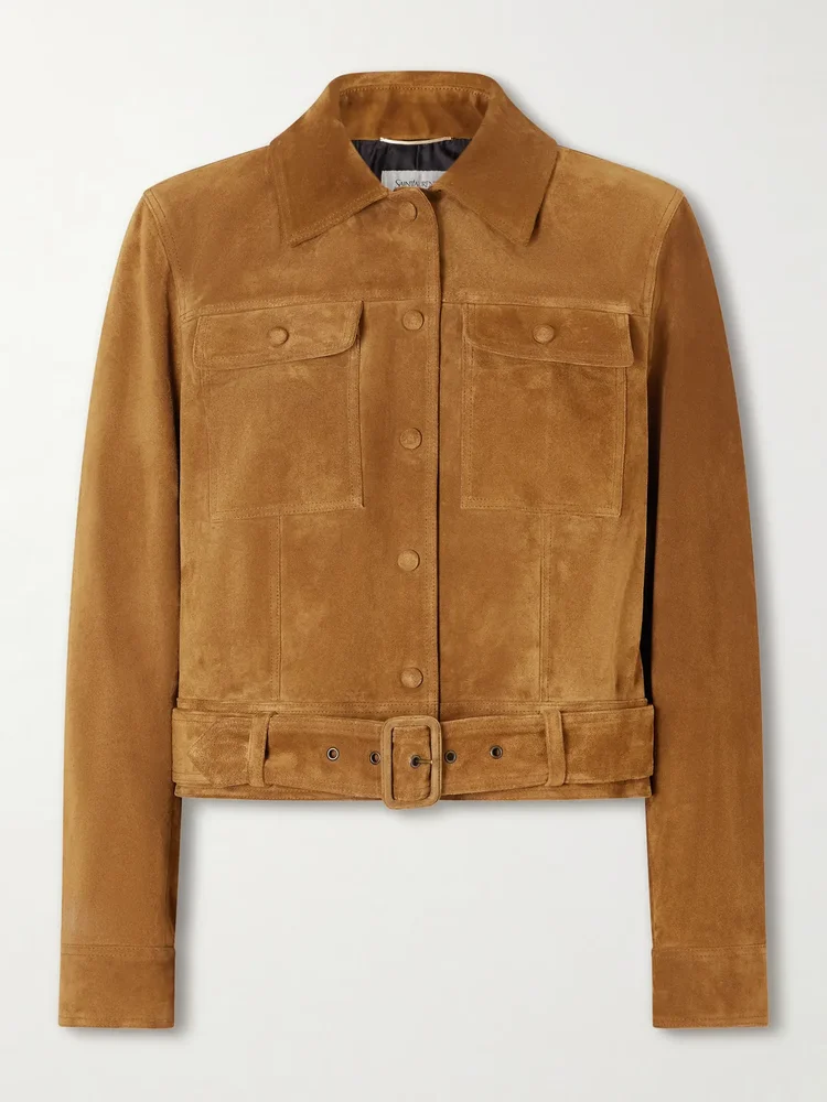 Cropped belted suede jacket