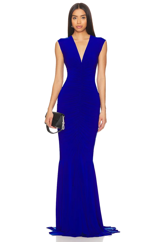 Sleeveless Deep V Neck Shirred Front Fishtail Gown