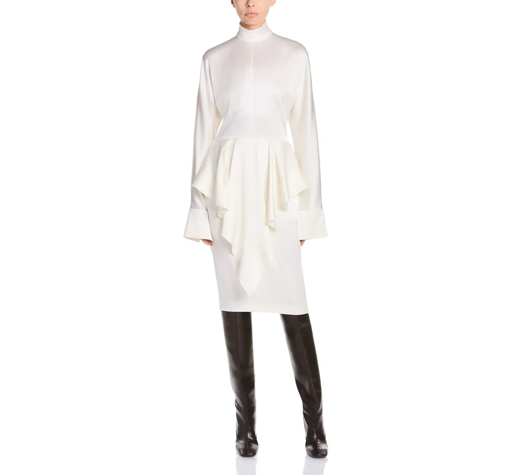 High Neck Ruffle Drape Satin Midi Dress