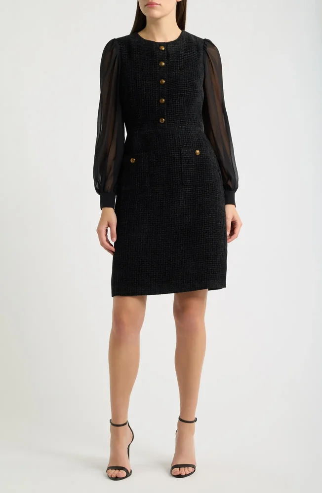 Long Sleeve Mixed Media Sheath Dress