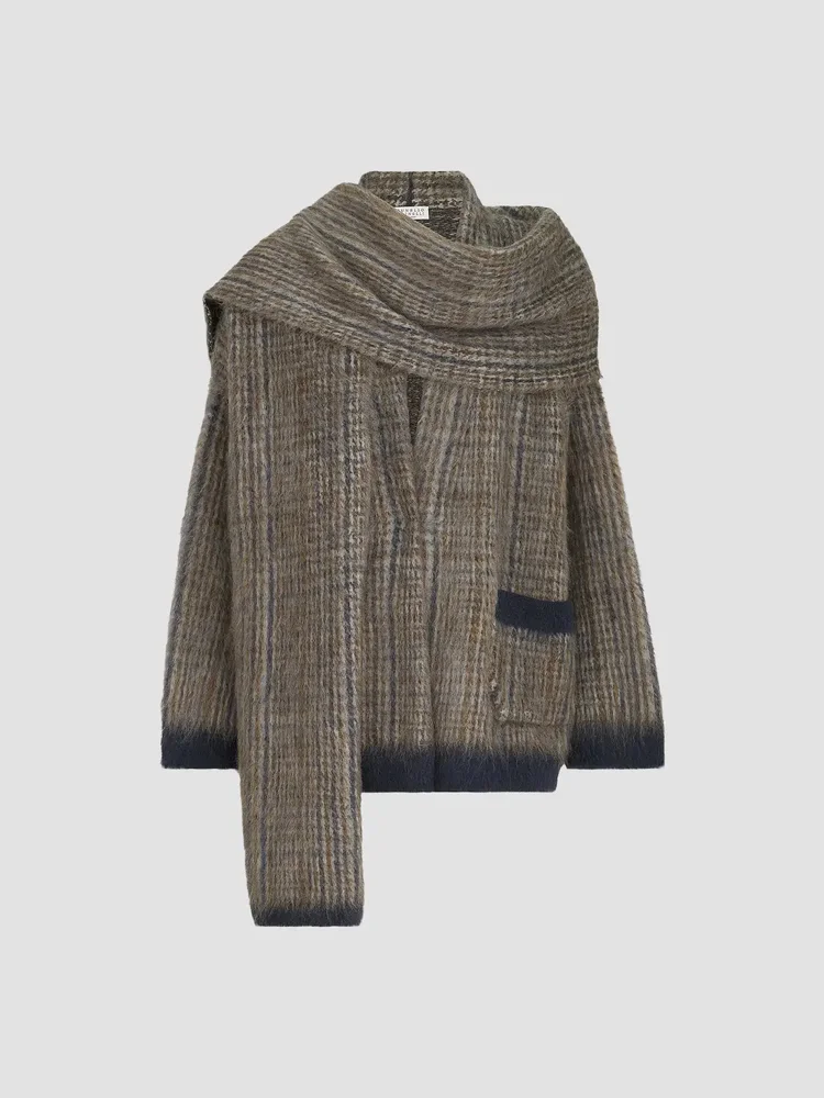 Mohair and Wool Prince of Wales Double Knit Outerwear Jacket with Scarf