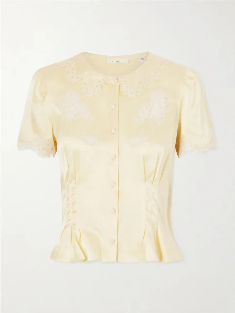 Yvette lace-trimmed silk-satin blouse
