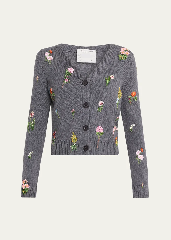 Embroidered Wool Mini V-Neck Cardigan