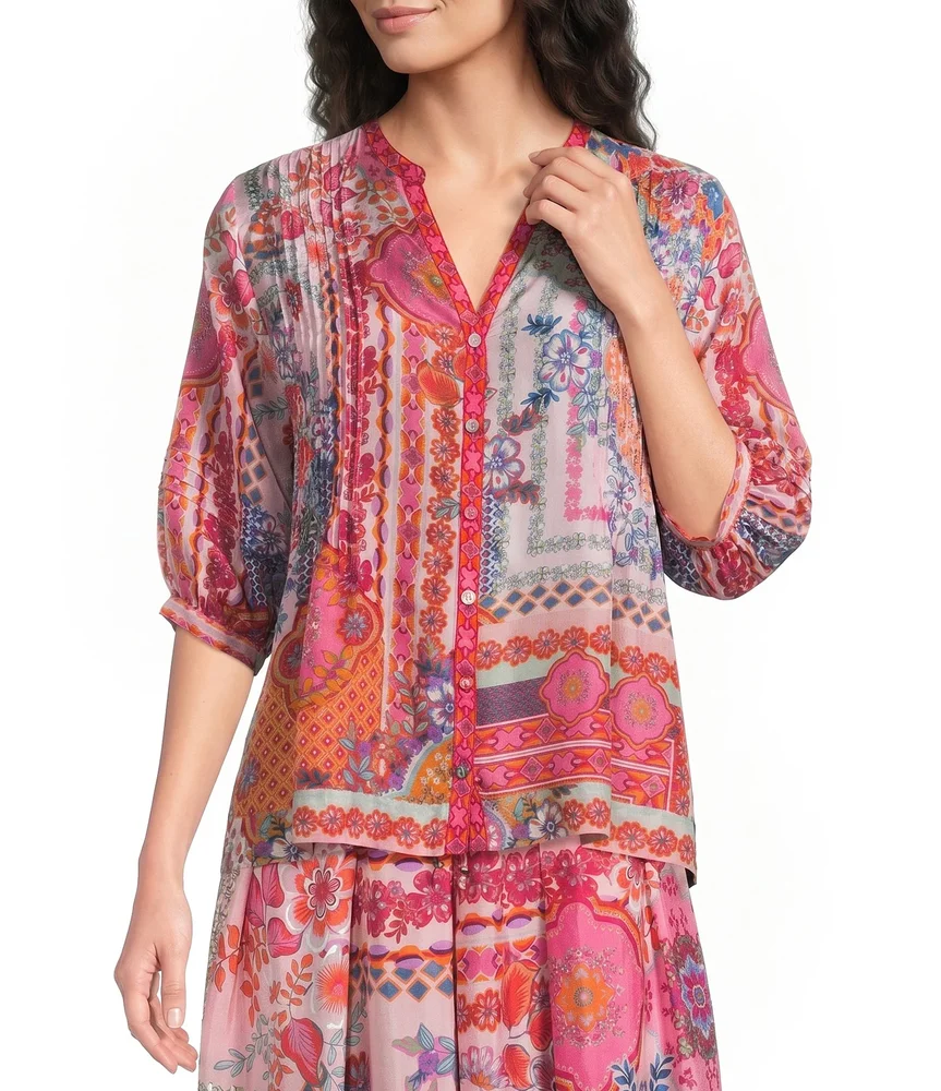 Vacanza Tami Scarf Print V-Neck Elbow Sleeve Button Front Coordinating Blouse