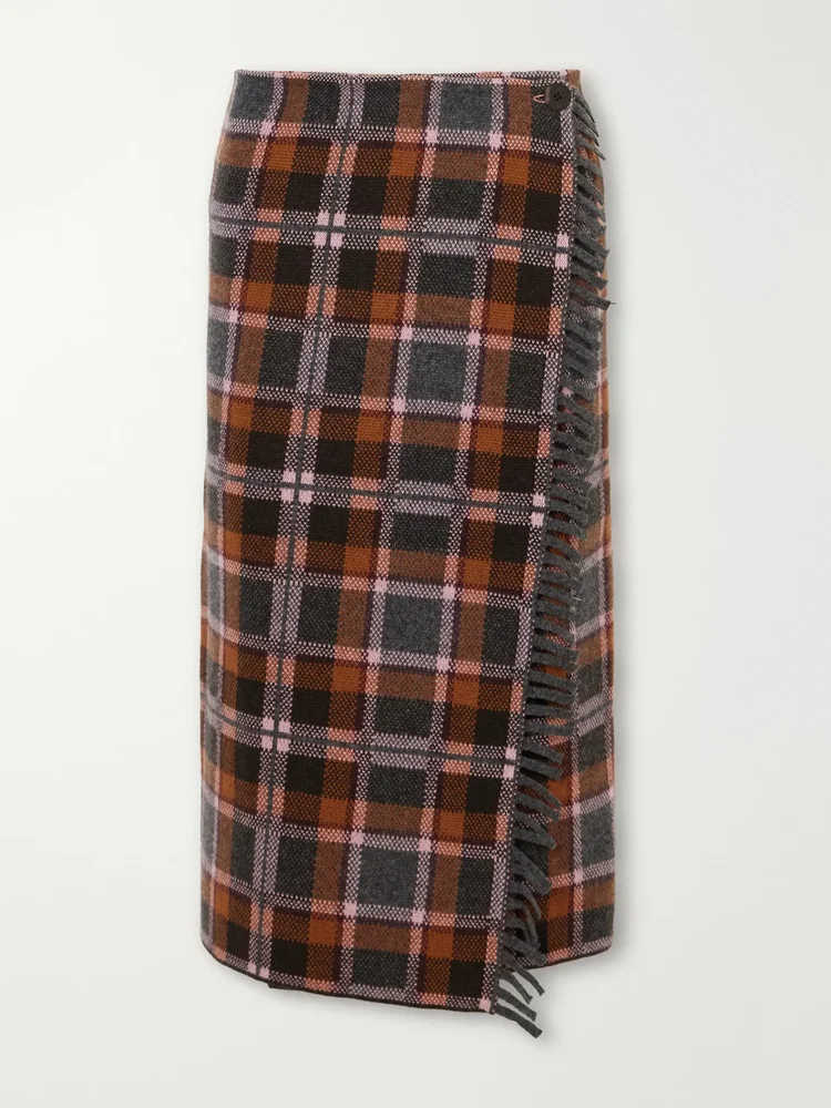 Tartan Wrap fringed-detail wool and cashmere-blend midi skirt