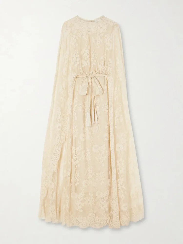 Valiant belted cape-effect lace maxi dress