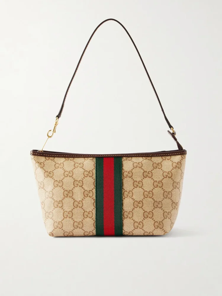 Mini leather-trimmed coated canvas-jacquard shoulder bag