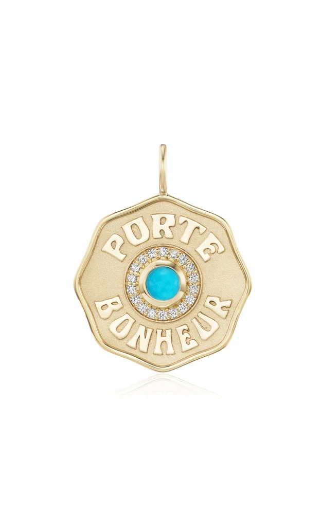 Large Porte Bonheur 14K Yellow Gold Turquoise Pendant