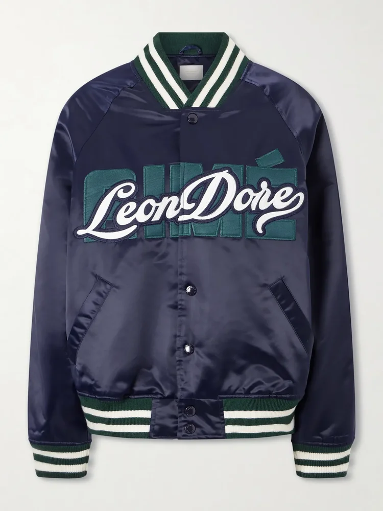 Logo-embroidered satin padded varsity jacket