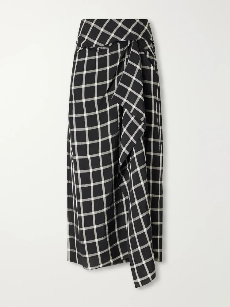draped checked crinkled satin midi skirt